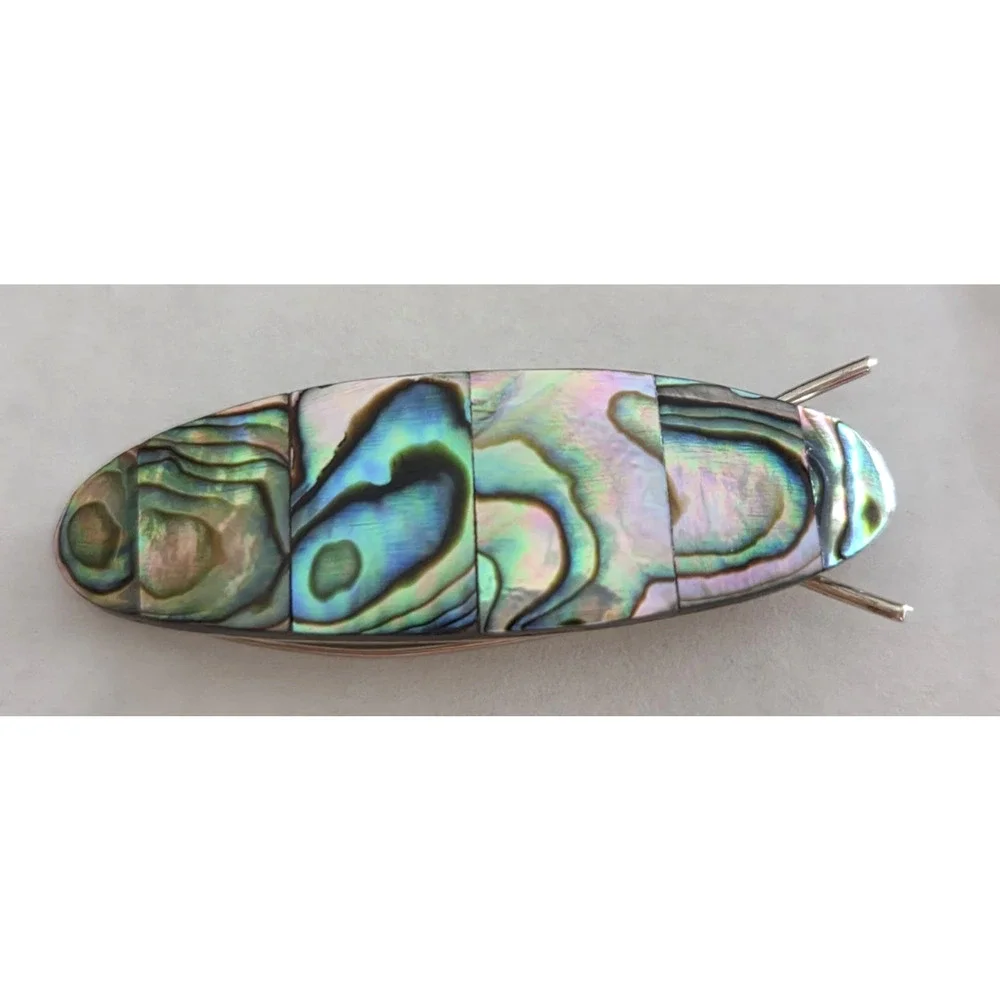 Vintage Mexico Silver Tone Abalone Inlay Barrette Women's Hair Clip Mid Century
